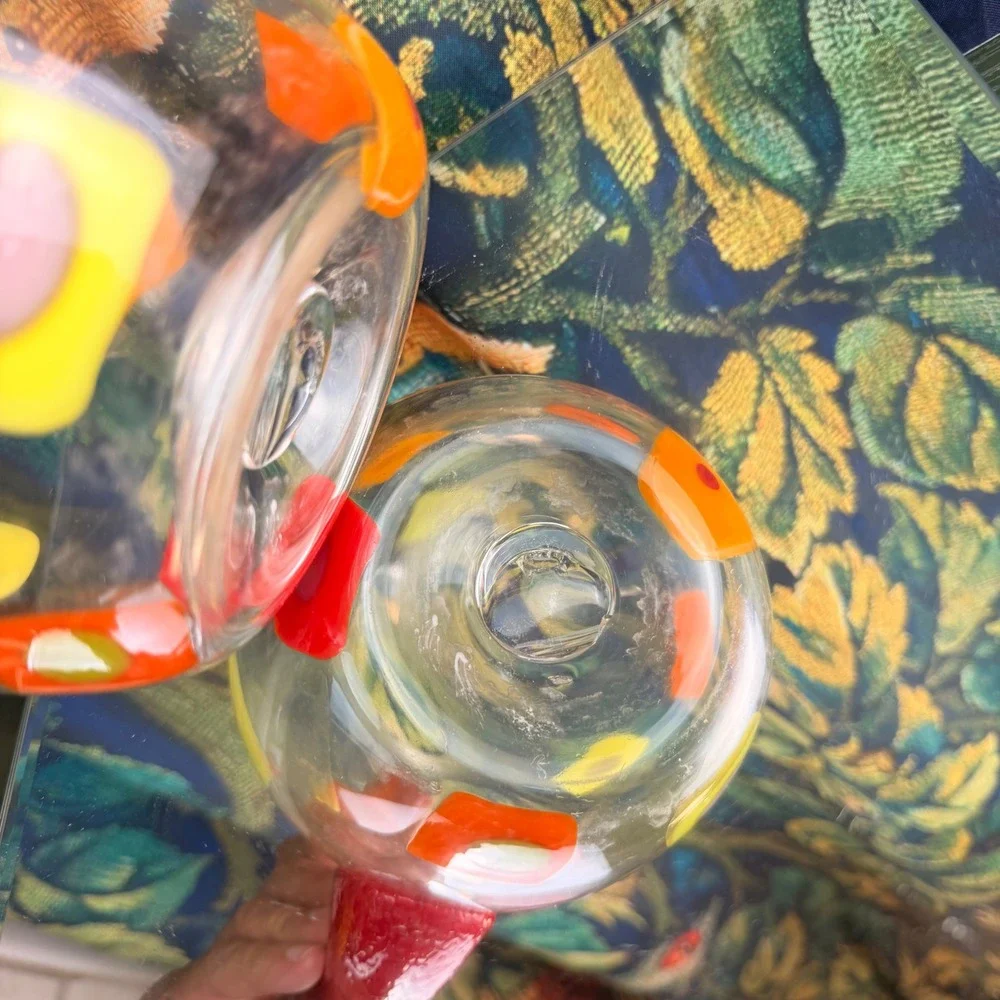 Hand Blown Glass‎ Pitcher MCM Murrine Style Red Yellow Orange Geometric 12.5in